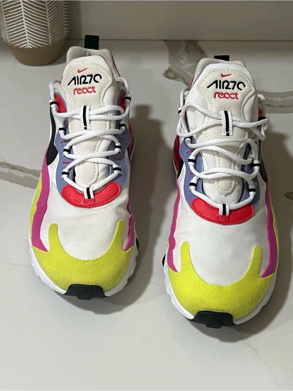 Nike Air270 React White Sneakers with Yellow, Pink & Red Accents